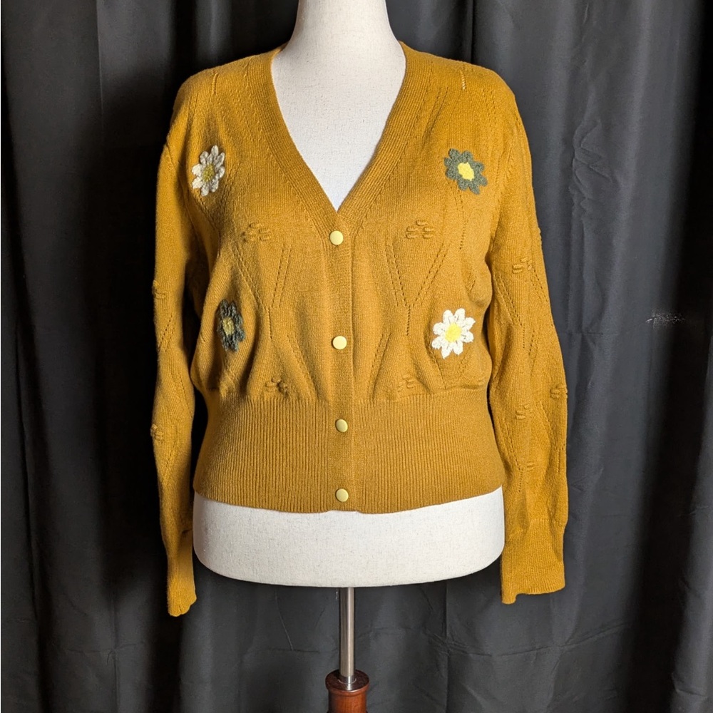 Unique Vintage Mustard Cardigan with Floral Details